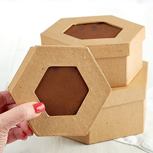 Package of 3 Hexagon Shaped Paper Mache Boxes with Rusty Tin Center Lids for Crafting, Storing and Creating