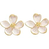 Vintage Gold Flower Earrings,Geometry Large Floral Earrings Statement Five-Petal Flower Stud Chunky Floral Earrings Jewelry for Women