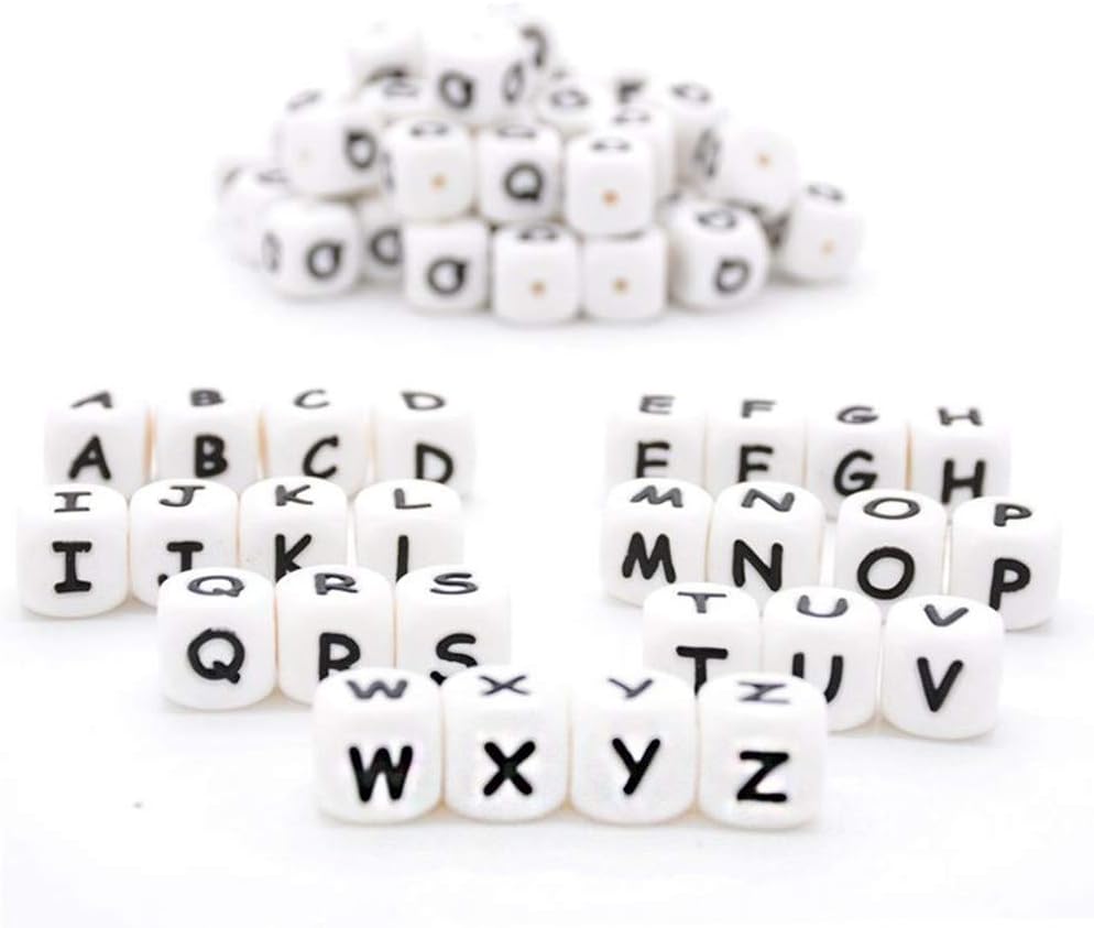 Silicone Alphabet 26 Letter Teether Cube Beads 12mm 100pc Loose Teething Beads DIY Nursing Necklace Chew Bracelet Pacifier Clip