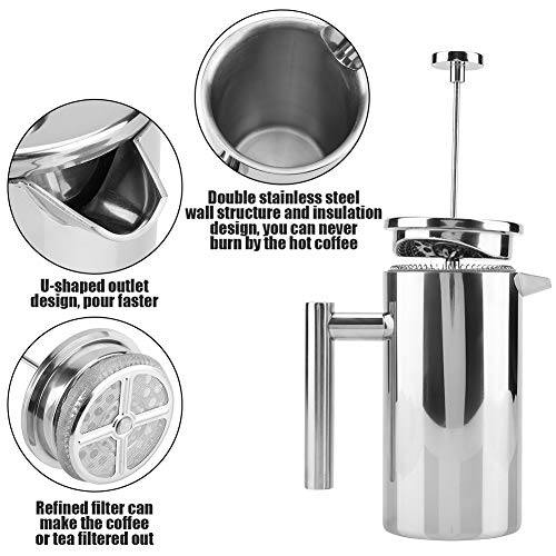 Double Walled Stainless Steel Coffee Maker French Press Tea Pot with Filter for Home Office Camping (800ml)