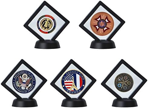 5-pack Challenge Coin 3D Display Stand Box (2.7 x 2.7", Black), Medallion Coin Gemstone Jewelry Specimen Show Case, Double Sided Floating Display Frame