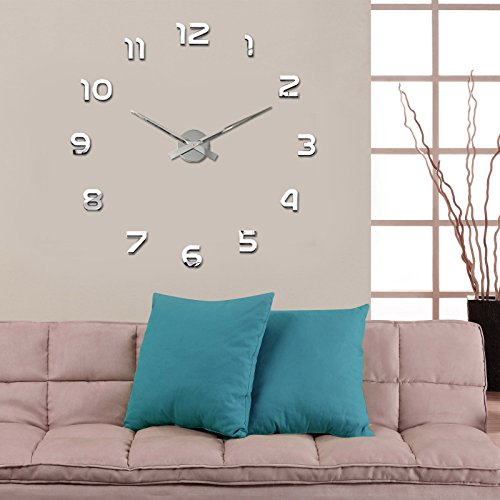 Wall Clocks Sticker Silver Creative DIY Large 3D Number Mirror Wall Sticker Big Watch Home Decor Art Clocks Living Room, Bedroom, Kitchen