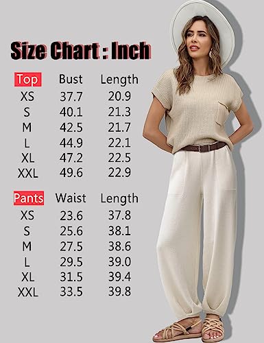 UGERLOV WOMEN’S TWO PIECE OUTFITS SWEATER SETS KNIT PULLOVER TOPS AND HIGH WAISTED PANTS LOUNGE SETS, WHITE, M