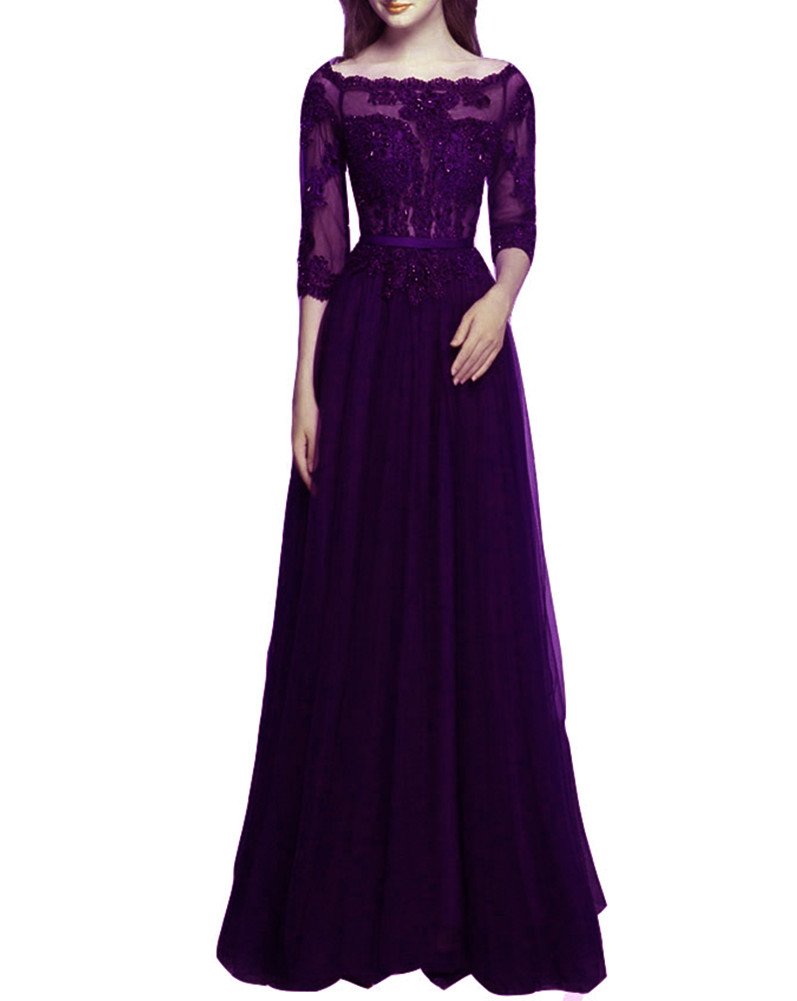 Emmani Women's Sleeves Long Gauze Formal Party Dresses Purple