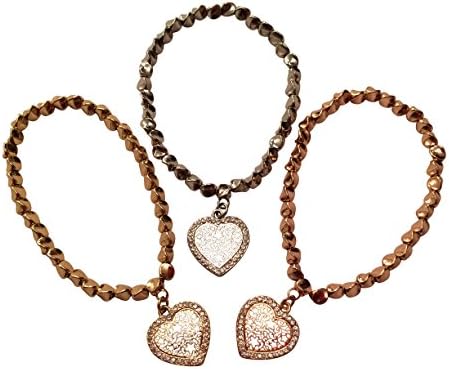 Elegant Bracelets with Open Heart Charms, Set of 3 - Multi-Faceted Copper Beads on Stretch Cord