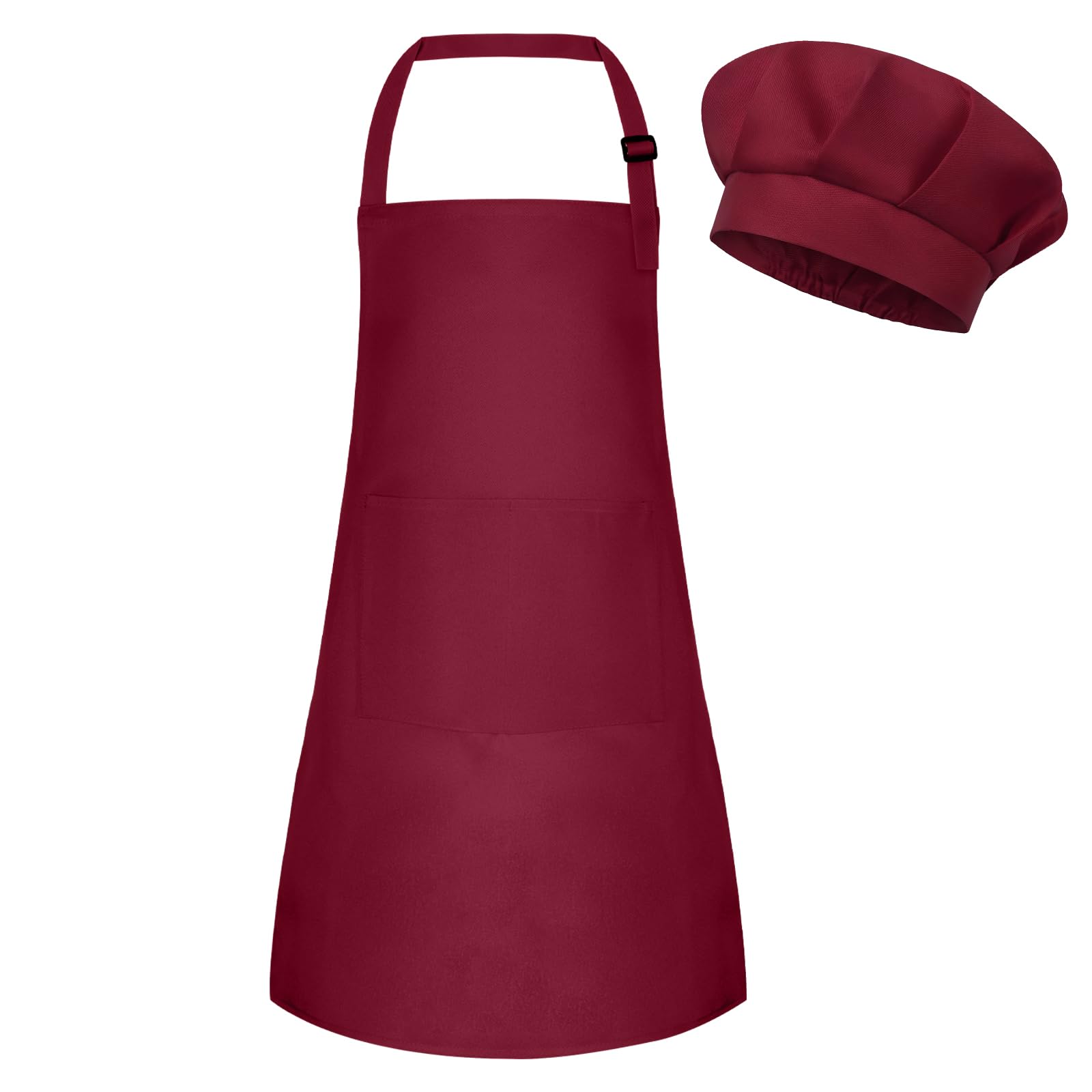 BOUBONI Kids Apron and Chef Hat Set Adjustable Child Art Aprons with 2 Pockets Toddler Chef Hat and Apron for Cooking Baking Painting (Claret)