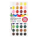 U.S. Art Supply 36 Color Watercolor Artist Paint Set with Plastic Palette Lid Case and Paintbrush - Watersoluable Cakes