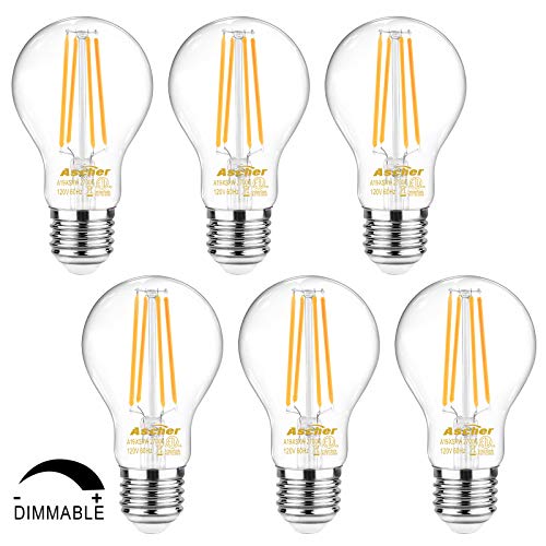 Ascher 60 Watt Equivalent, Dimmable E26 LED Filament Light Bulbs, Warm White 2700K, Classic Clear Glass, A19 LED Light Bulb, 6-Pack