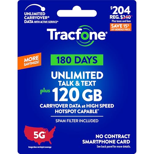 Tracfone $204 Unlimited Talk & Text, 120 GB / 180 Days (Physical Card)