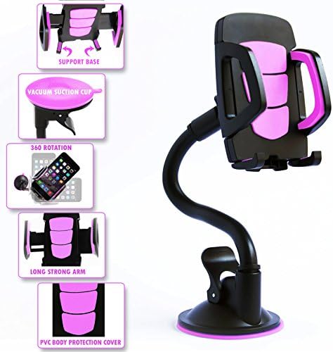 Long Arm Car Mount Cell Phone Holder With 360 Degree Rotation. Strong Flexible and Bendy Adjustable Neck With Adhesive sticky Suction Cup For Windshield. Pink Car Mobile Phone Accessory For Any Device