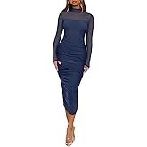 REORIA Women's Summer Mesh Sheer Short Sleeve Midi Ruched Bodycon Dress Mock Neck Elegant Evening Party Cocktail Dresses