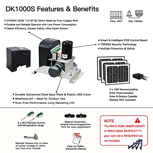 TOPENS DK1000S Solar Sliding Gate Opener Rack Drive Automatic Gate