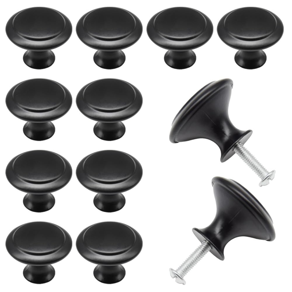 Hocansen 12 PCS Round Drawer Handles 30mm Metal Furniture Pull Knobs with Screws Single Hole Cupboard Door Knobs Black Mushroom Knobs for Drawer,Cabinet and Dresser (Black/30mm/LS-YX)