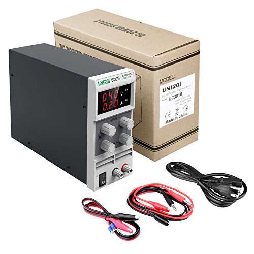 UNIROI DC Available Power Supply, 0-30V/0-10A Adjustable Power Supply with 3-Digit LED Display, Alligator Clip Leads (Banana Plug and Spade Lugs), Input Power Cord UC3010