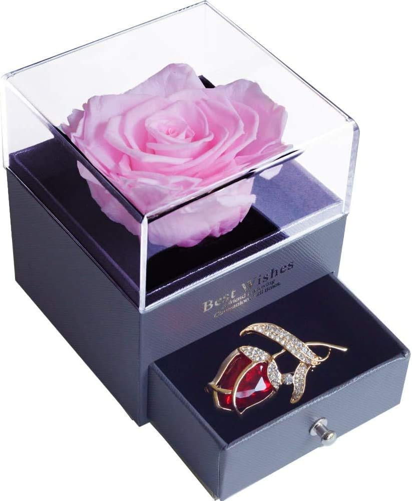 SWEETIME Forever Pink Rose Jewelry Gift Box, Enchanted Real Rose with Ruby Rose Brooch