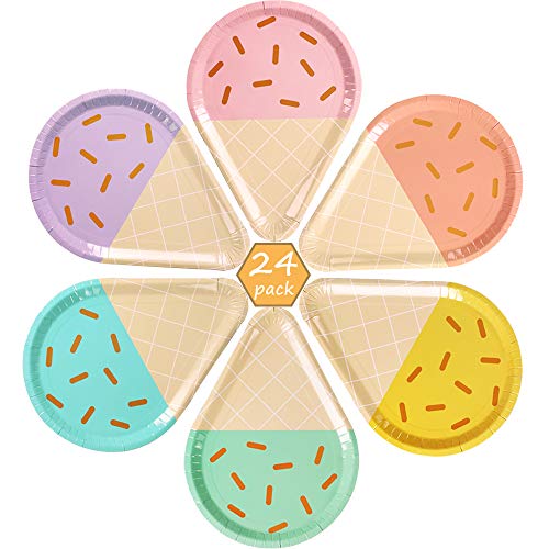 Partybus Ice Cream Party Plates Serves 24, 10'' Disposable Paper Plates, Cute Sundae Party Supplies for Kids Boys Girls Toddlers, Birthday Baby Shower Decorations