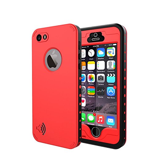 iPhone 5S / SE Waterproof Case, Waterproof Dust Proof Snow Proof Shock Proof Case with Touched Transparent Screen Protector, Heavy Duty Protective Carrying Cover Case for iPhone 5 5s SE (T-Red)