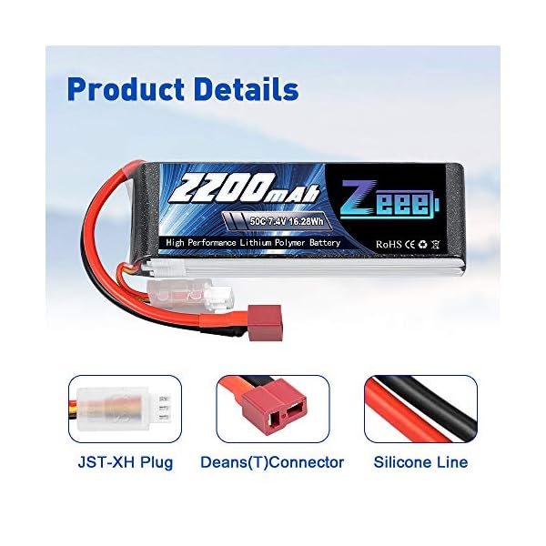 Zeee 2S Lipo Akku 7,4V 50C 2200mAh RC Batterie mit Deans T Stecker für RC Auto Truck Flugzeug Heilikopter Boot RC Hobby… – Bild 6