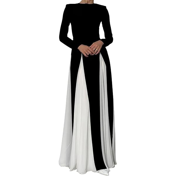 Womens Black&White Maxi Dress Long Sleeve Crewneck Long Dress Color Block  Flowy Aline Dress with Large Hemlines (US, Alpha, Small, Regular, Regular,  Black/Apricot) at Amazon Women's Clothing store