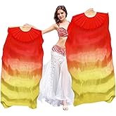 Women 1 Pair Hand Made Silk Belly Dance Fan Veils Long Bamboo Fan for Dancing