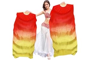 AUMULEN Women 1 Pair Hand Made Silk Belly Dance Fan Veils Long Bamboo Fan for Dancing