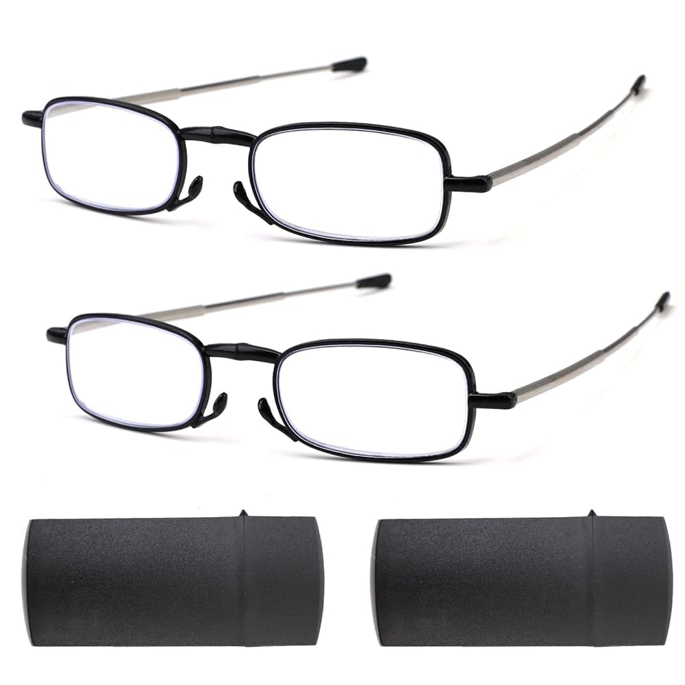 2 Pairs Folding Reading Glasses +2.0, Blue Light Blocking Reader Magnify Compact Small Portable Presbyopic Glasses With Flip Case, Black Readers Anti Blue Reading Glasses Pocket Size for Men and Women