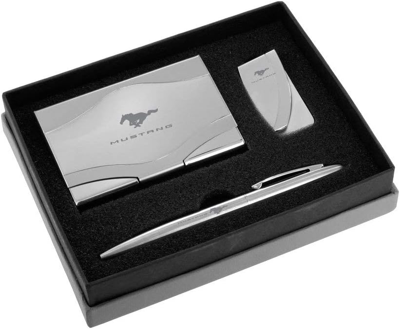 Mustang Chrome Money Clip, Card Case, and Ball Pen Gift Set In Deluxe Box