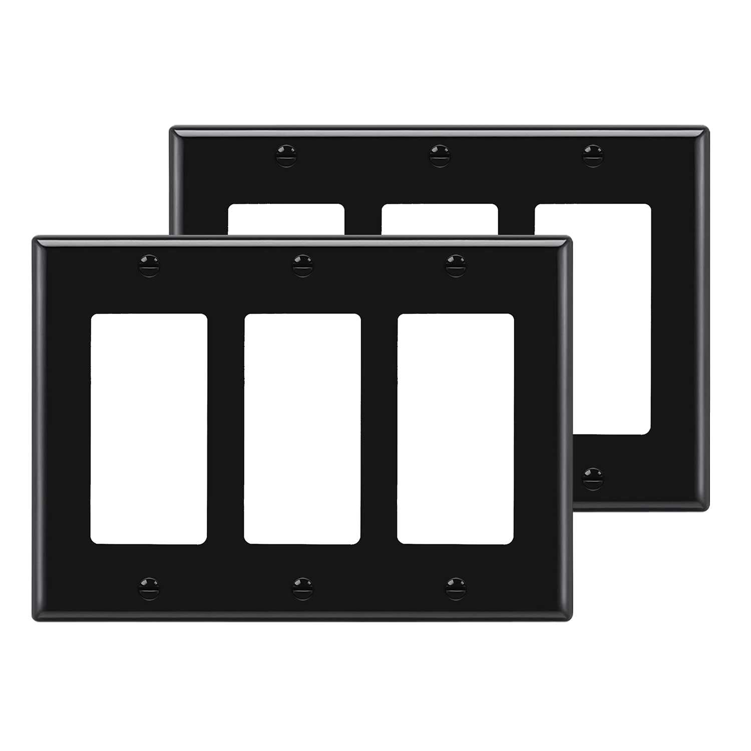 Photo 1 of [2 Pack] BESTTEN 3 Gang Black Decorator Wall Plate, Standard Size, Unbreakable Polycarbonate Outlet and Switch Cover, H4.53” x W6.38”, UL Listed
