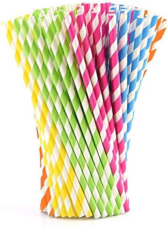 Paper Straws (150 Bulk Pack) 7.5 Inches Long. Striped Colourful Design Biodegradable with Recyclable Eco Cardboard Packaging. Non Soggy High Quality Paper Straws
