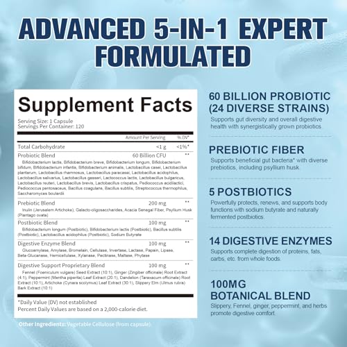 Totaria 5-in-1 Probiotic Prebiotic & Postbiotic for Women Men, 60 Billion CFU 24 Strains w/Digestive Enzymes, Prebiotic Fiber, Slippery Elm, Daily Complete Immune, Gut Health, 120 Day Supply