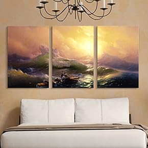 3 Panel World Famous Painting Reproduction on Canvas Wall Art - The Ninth Wave by Hovhannes Aivazovsky - Modern Home Art Ready to Hang - 16"x24" x 3 Panels
