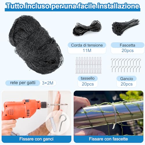 Aystkniet Cat Net | Extra Reinforced with Wire | 3 x 2 m Net for Fencing Including Fixing Rope | Cat Net Balcony | Cat Net | Cat Protection Net Balcony