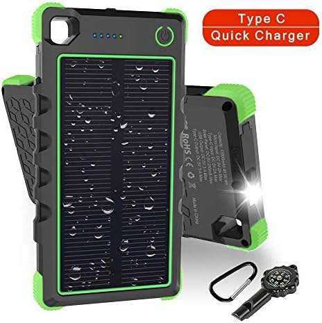 Solar Charger Type C 13500mAh, Hobest Dual Input/Output 3A Max Solar Phone Charger, Portable Outdoor Solar Power Bank Whistle Compass (Green)
