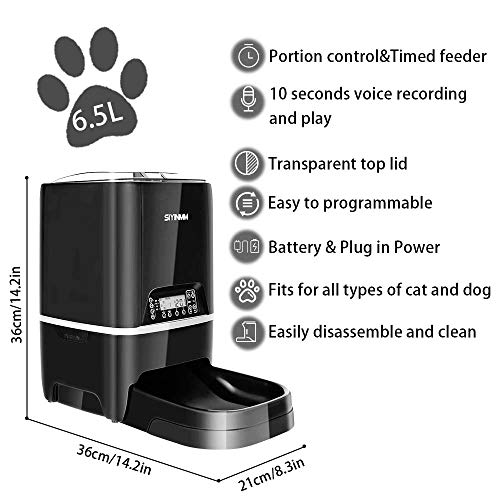 SIYINMM Automatic Cat Feeder Timed Auto Pet Feeder Food Dispenser for Cats and Dogs 6.5L Timer Programmable&Portion Control&Voice Recorder for Small Medium Large Animal Black