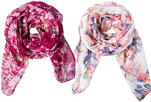 2 Pack Lightweight Scarves: Fashion Flowers Print Shawl Wrap For Women