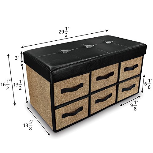 Ikee Design Folding Storage Chest Bench- Faux Leather, Linen Collapsible Foot Rest Stool Seat with 6 Drawers