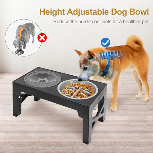 Polegas 3-in-1 Upgraded Raised Dog Bowl with Stand Elevated Dog Bowl with Slow Feeder,Non-Spill Slow Water and Stainless Steel Bowls 5 Height Adjustable dog food stand for Small Medium Large Sized Dog