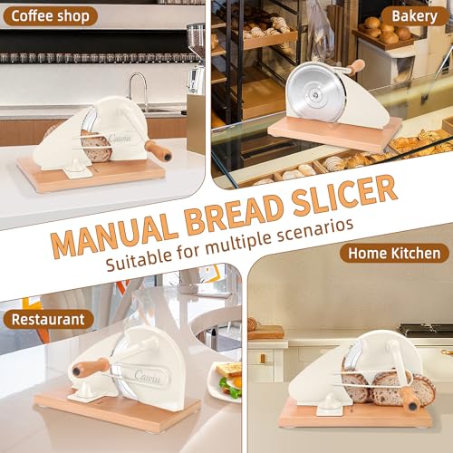 CAWIU Upgraded Manual Bread Slicer for Homemade Sourdough Bread - Adjustable Thickness Bread Cutter with Hand Crank, Suction Cups, Slicing Guide, Scale Line & Cover, for Perfect Even Slices (Cream)