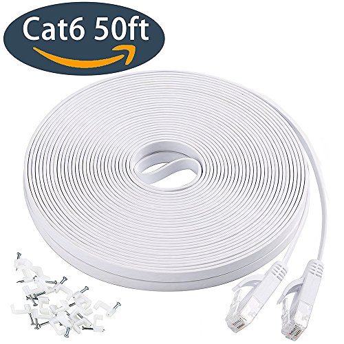 Cat6 flat ethernet cable, 50 ft LAN Computer Networking cable cord Long,supports Cat6a/Cat5e/Cat5 with Snagless Rj45 lead for Xbox, PS3, Patch panel, TV, NAS, Network printers-white(15 Meters)