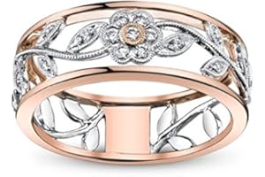 Zhx Exquisite Women's 925 Sterling Silver Floral Ring Proposal Gift Two Tone Diamond Jewelry 18K Rose Gold Vine Flower Bridal Engagement Rings Wedding Band Size 6-10 (10)