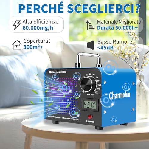 Charmofun Professional Ozone Generator 60000mg/h, Industrial Ozonizer for 300㎡, High Capacity O3 Ozone Machine, Ozone Generator for Home Car Smoking Animals (Blue)