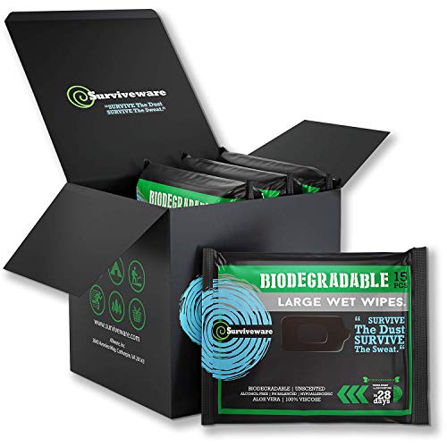 Surviveware Biodegradable Wet Wipes, Travel Pack, Face and Body Wipes for Post Workout and