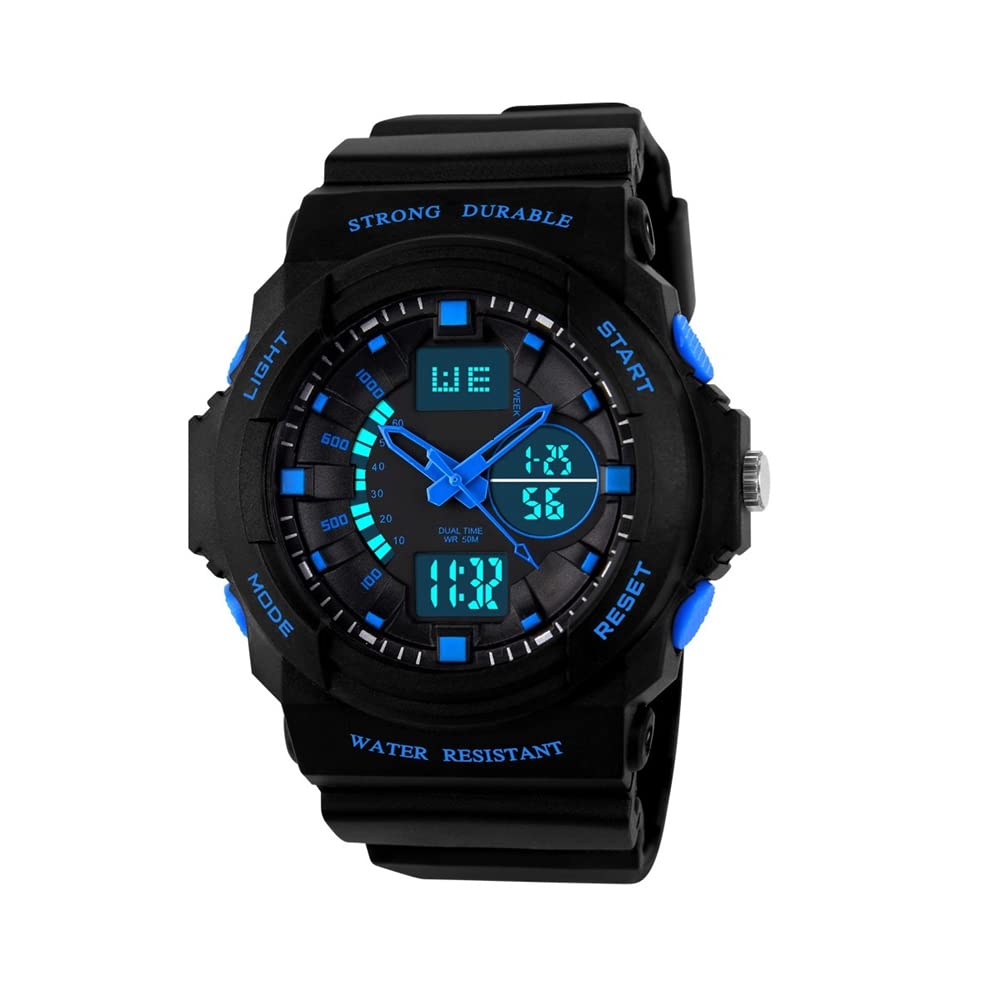 FeiWen Multifunction Waterproof Watches for Women Boys Student Outdoor Sport Military Army LED Electronic 12H / 24H Digital Analog Quartz Dual Dial Timezone Plastic with Rubber Strap, Blue