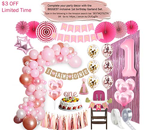 1st BIRTHDAY GIRL DECORATIONS (37 Piece Set) | Great for 1st Birthday Party Supplies and Rose Gold Party Decorations | Includes Rose Gold Confetti Balloons | Happy First BDay Princess Decorations - Thumbnail 6