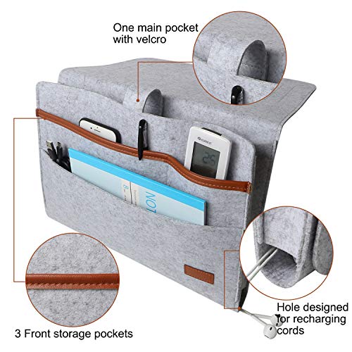MEYUEWAL Felt Bedside Caddy, Bedside Hanging Storage Organizer with Anti-Slip Velcro for Sorting Magazine, Tablet, Phone, Earphone, Remote, Glasses, Pen - Dark Grey (Light gray)