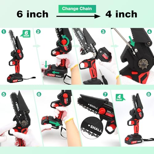 SHALL Portable Mini Chainsaw.Brushless Motor.2 x Quick Charge Batteries, 4 x Cutting Chains, 6" Cordless Mini Chainsaw Kit