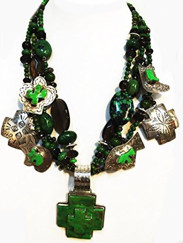 Kim Yubeta KY 1181 Three strand necklace adjustable 21"-23", containing bright green turquoise, smoky quartz, mohave turquoise and sterling silver vintage charms.