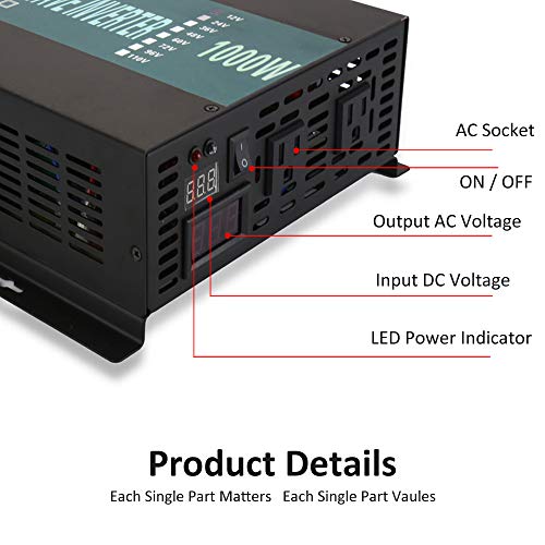 WZRELB 1000W Pure Sine Wave Solar Power Inverter 24V 120V 60Hz Power Converter LED Display DC to AC Power Generator with Wireless 100ft Remote Controller - Thumbnail 2