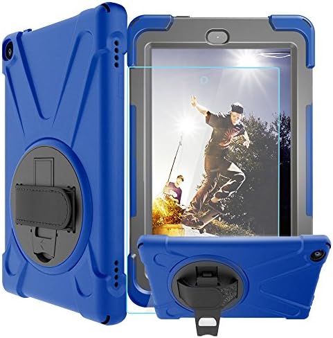 Case-Cubic Shockproof Case for All-New Amazon Fire HD 8 Tablet (7th Gen 2017) - [Adjustable Strap] 360 Rotating Grip Stand Protective Carry Cover / Tempered Glass Glass Screen Protector (blue)