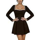 ZAFUL SPORTS Womens Long Sleeve Faux Pearl Black Mini Dress Square Neck A Line Elegant Short Wedding Party Dresses
